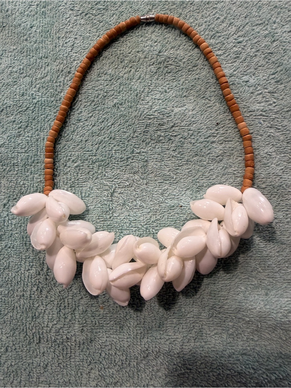 White cowrie Shell Cluster Necklace with Brown Bead Strand
